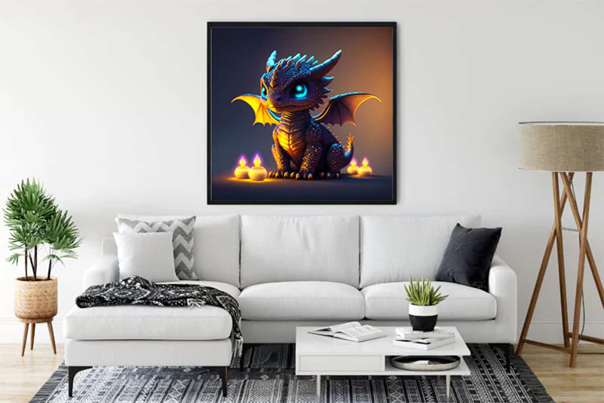 Diamond Painting - Dragon Dreams displayed in a living room setting, showcasing intricate design and vibrant colors. Paint by Numbers.