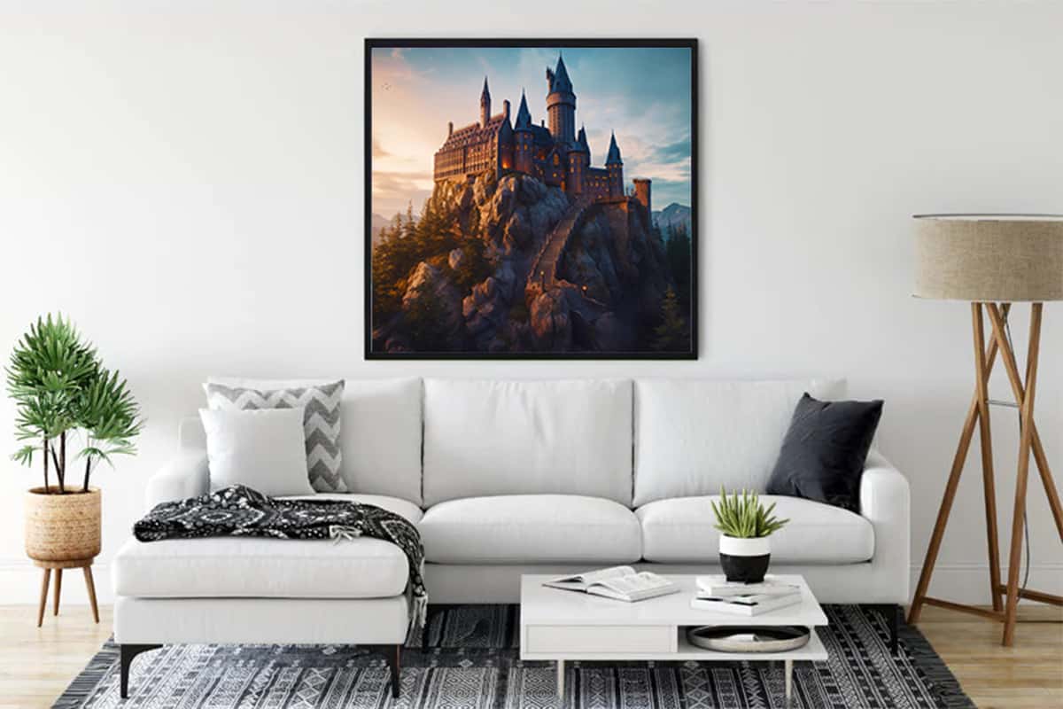 Diamond Painting Fantasy Castle Wall Art Displayed in Modern Living Room. Paint by Numbers Kit with Sparkling Acrylic Diamonds.