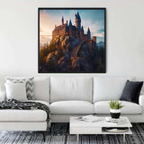 Diamond Painting Fantasy Castle Wall Art Displayed in Modern Living Room. Paint by Numbers Kit with Sparkling Acrylic Diamonds.