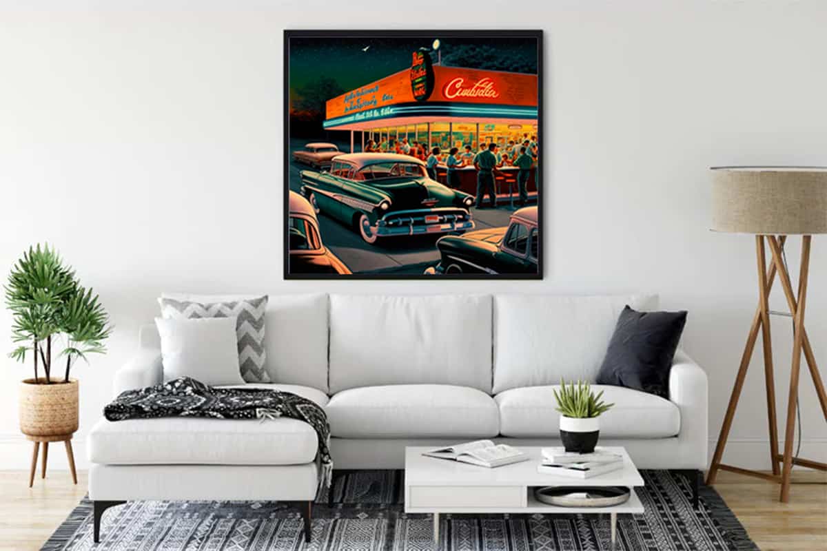 Vintage gas station diamond painting art displayed in a modern living room.