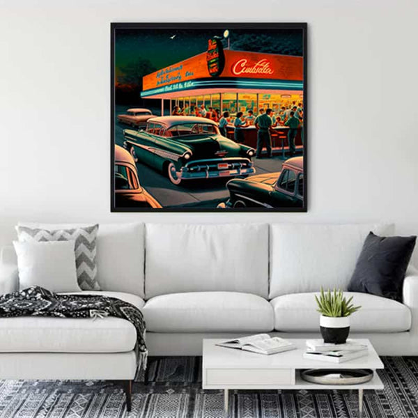 Vintage gas station diamond painting art displayed in a modern living room.