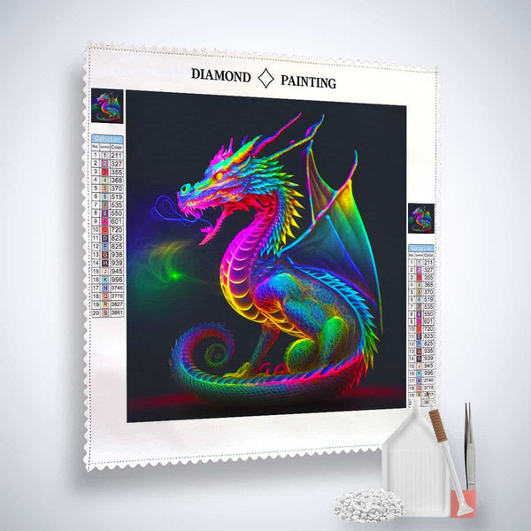 Vibrant dragon diamond painting kit with canvas, acrylic diamonds, tweezers, and application pen for paint by numbers.