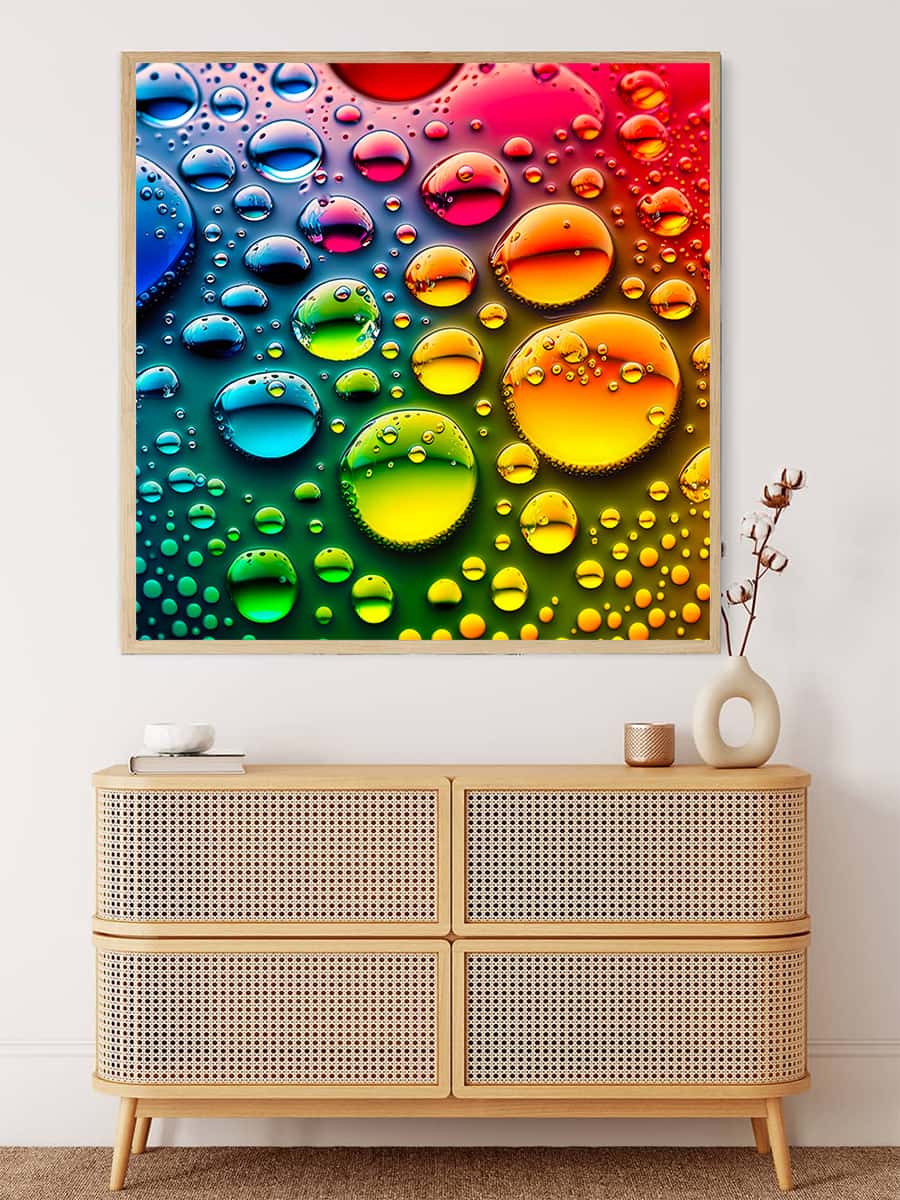 AB Diamond Painting - Colorful Raindrops on Canvas, Paint by Numbers Kit with Enhanced Acrylic Diamonds, hung above a stylish cabinet.