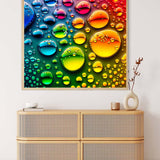 AB Diamond Painting - Colorful Raindrops on Canvas, Paint by Numbers Kit with Enhanced Acrylic Diamonds, hung above a stylish cabinet.