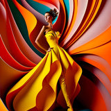 Model in a vibrant yellow dress posed against a colorful, abstract background