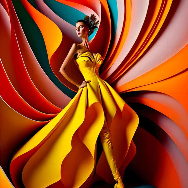 Model in a vibrant yellow dress posed against a colorful, abstract background