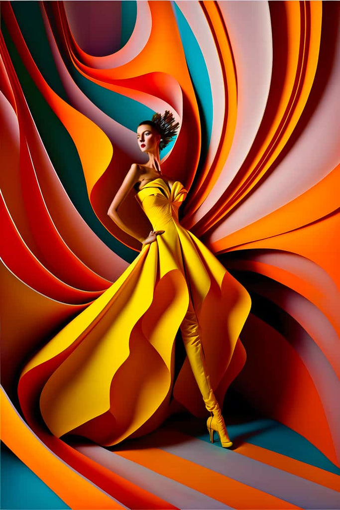Model in a vibrant yellow dress posed against a colorful, abstract background