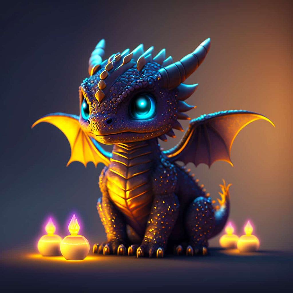 Cute dragon with glowing eyes sitting among lit candles, featured in Dragon Dreams Diamond Painting Kit for Paint by Numbers art.