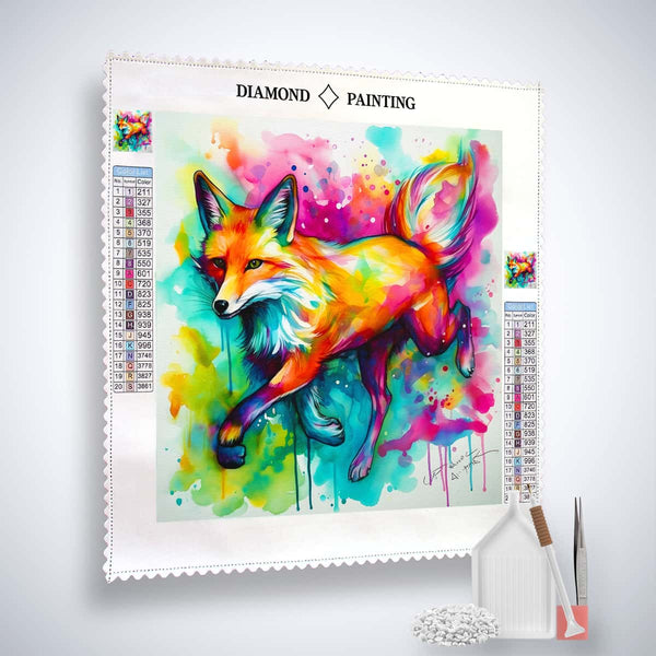 Diamond Painting Kit featuring an abstract fox design with professional canvas, acrylic diamonds, tweezers, and application pen. Paint by Numbers.