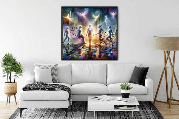 "Paint by Numbers - Change of Consciousness artwork above white sofa in modern living room setting"