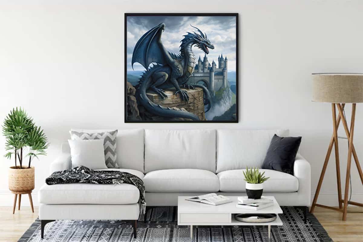 Living room featuring Diamond Painting - Wings of the Night dragon design on canvas, showcasing Paint by Numbers art.