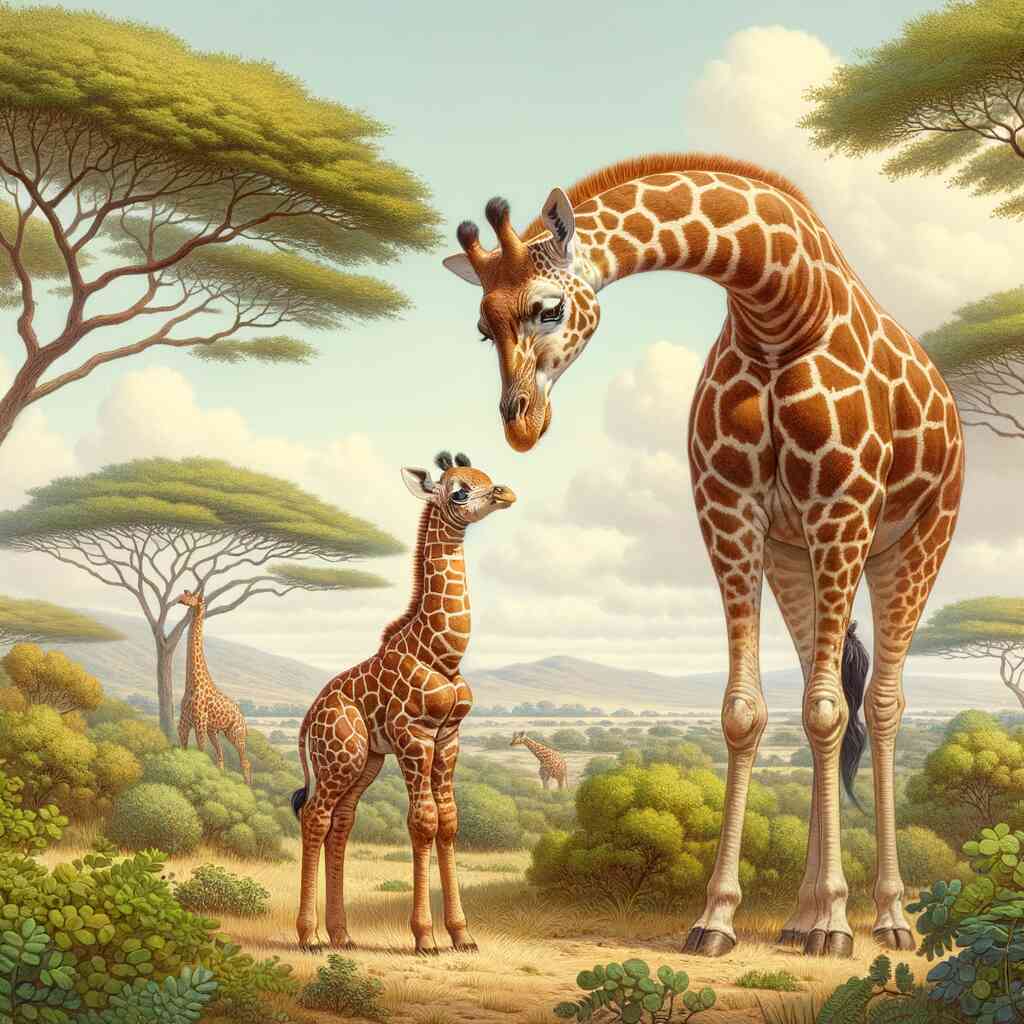 Paint by Numbers - Magic of the Savannah featuring a mother giraffe and her young in a lush green savannah, expressing tenderness.