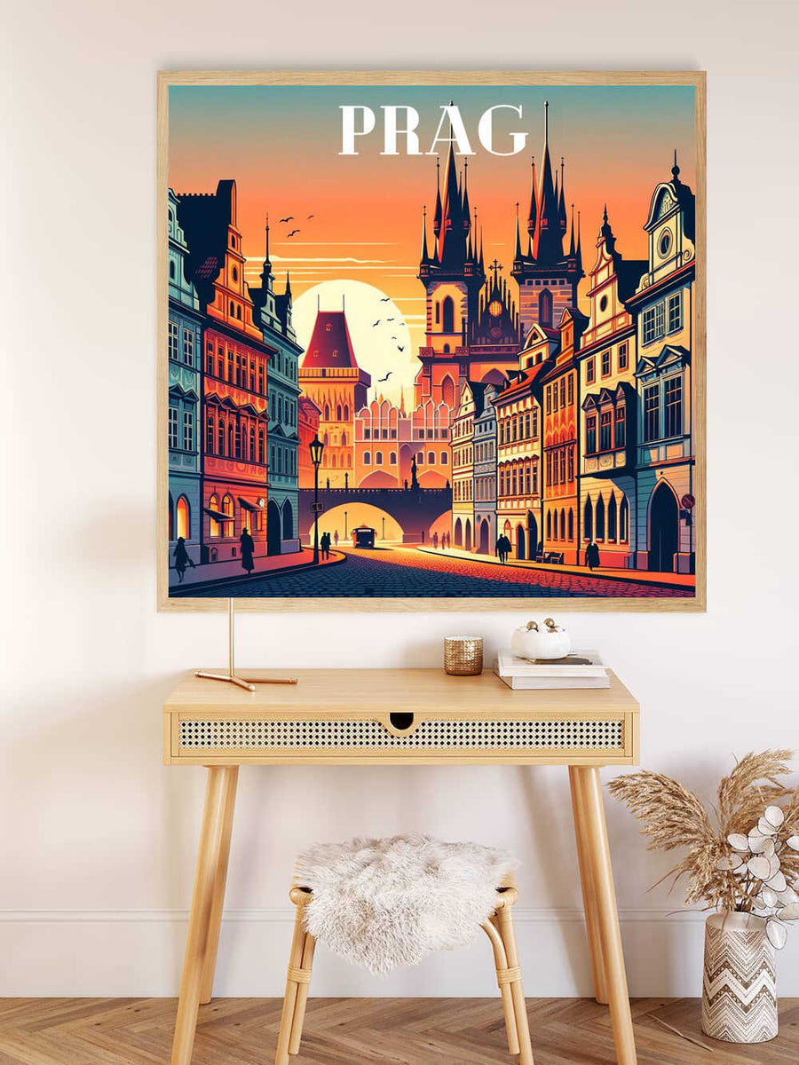 Paint by Numbers - Dusk in Prague artwork with Gothic towers and vibrant sunset displayed above a minimalist desk.