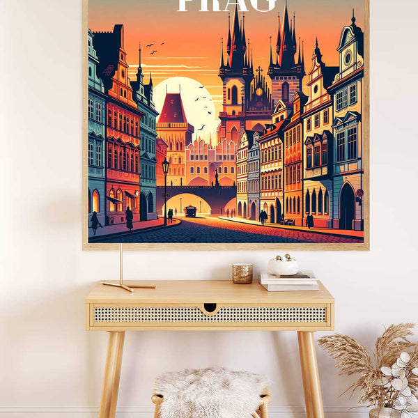 Paint by Numbers - Dusk in Prague artwork with Gothic towers and vibrant sunset displayed above a minimalist desk.