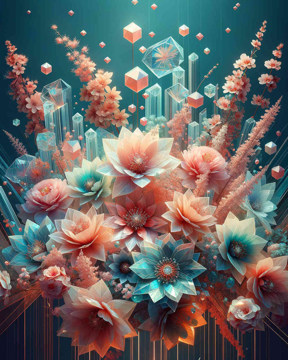 Diamond painting of geometric floral arrangement with pink, peach, and turquoise flowers against a deep turquoise background for paint by numbers.