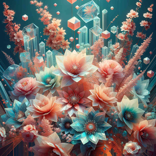 Diamond painting of geometric floral arrangement with pink, peach, and turquoise flowers against a deep turquoise background for paint by numbers.