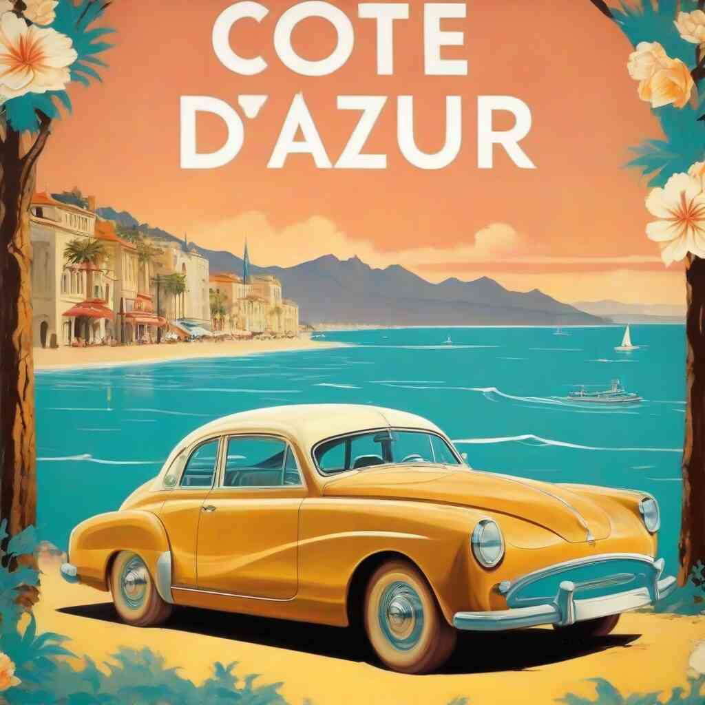 Paint by Numbers - Summer days on the Côte d'Azur featuring a vintage car, Mediterranean seashore, and retro-themed scenery.