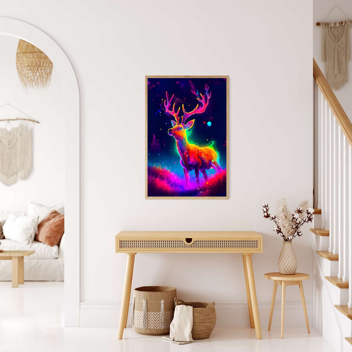 Colorful deer wall art in modern living room - vibrant neon tones on canvas in rustic home décor setup.