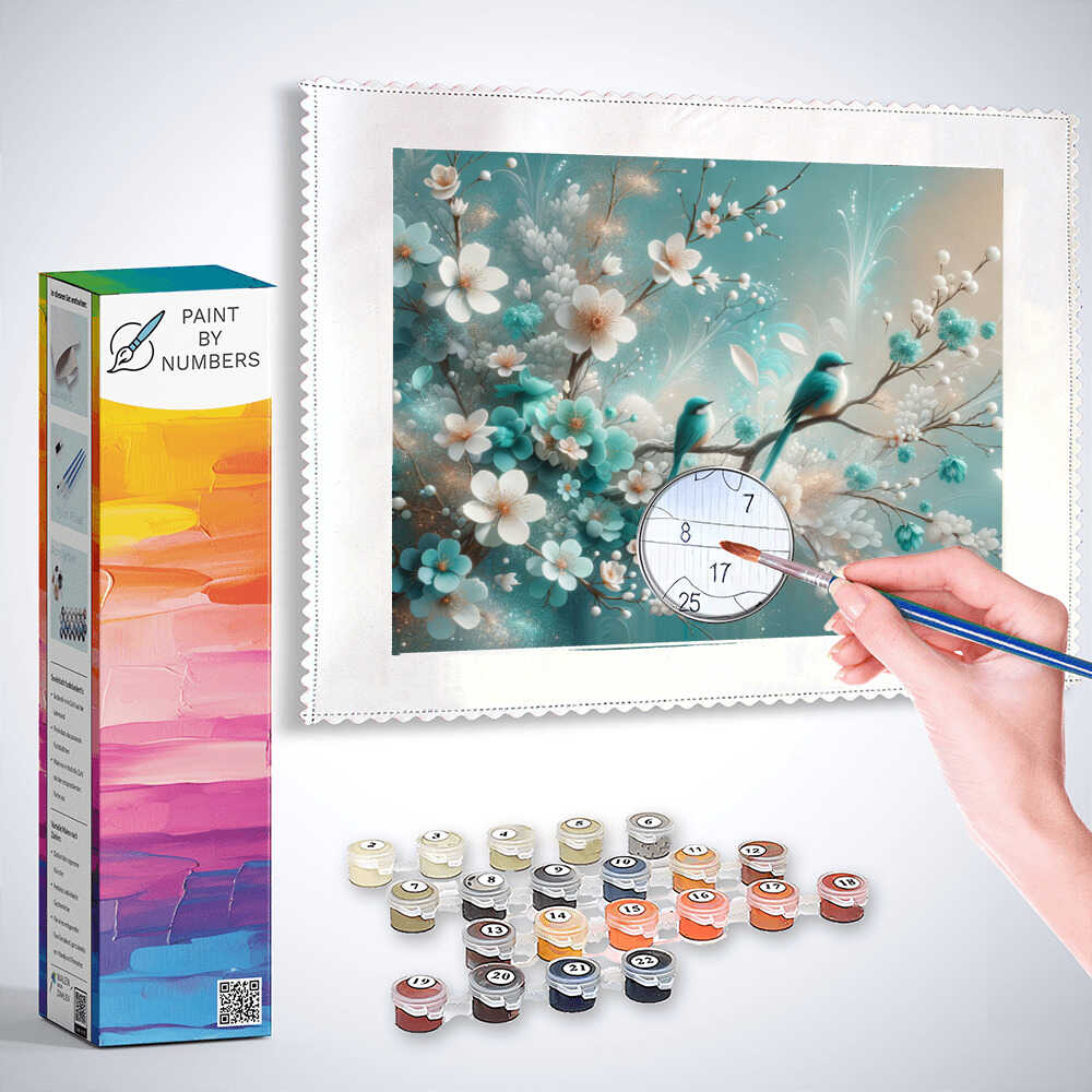 Paint by Numbers - Flowers and birds, turquoise