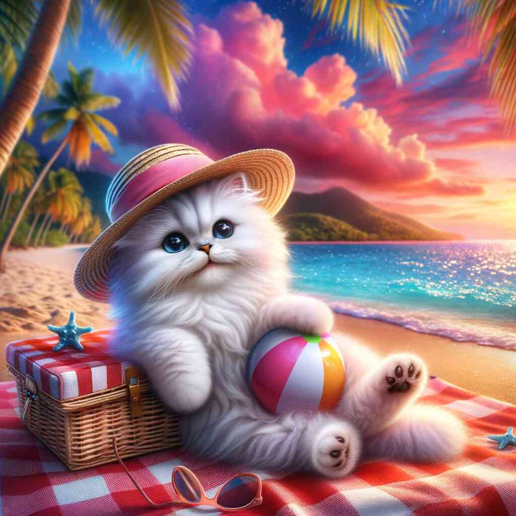 Paint by Numbers - Sweet Beach Life featuring a fluffy kitten in a straw hat with a beach ball on a tropical beach at sunset.