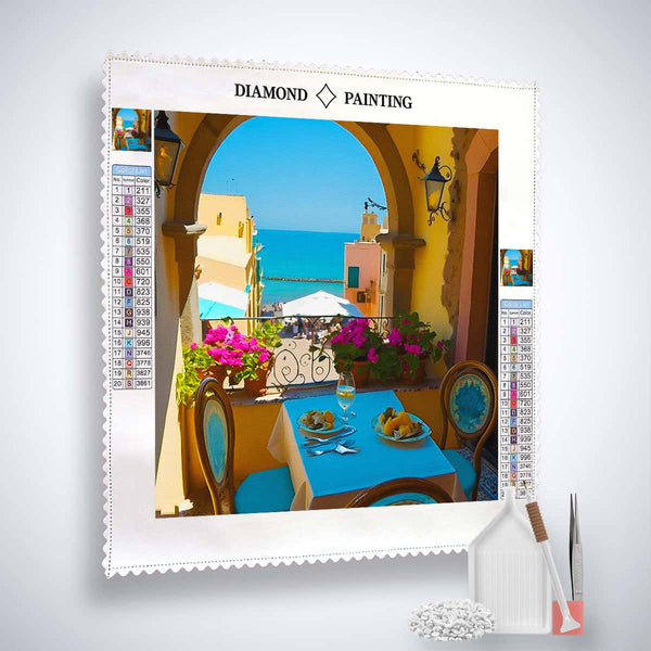 Diamond Painting Kit of Cozy Breakfast by the Sea - Paint by Numbers with Acrylic Diamonds, Professional Canvas, Tweezers, and Pen