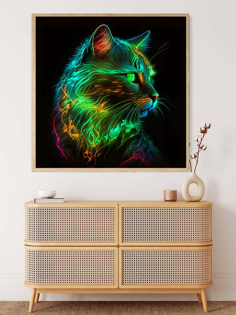 AB Diamond Painting Kit - Cat in Neon Green, Sparkling Paint by Numbers Art on Professional Canvas