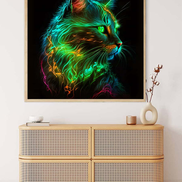AB Diamond Painting Kit - Cat in Neon Green, Sparkling Paint by Numbers Art on Professional Canvas