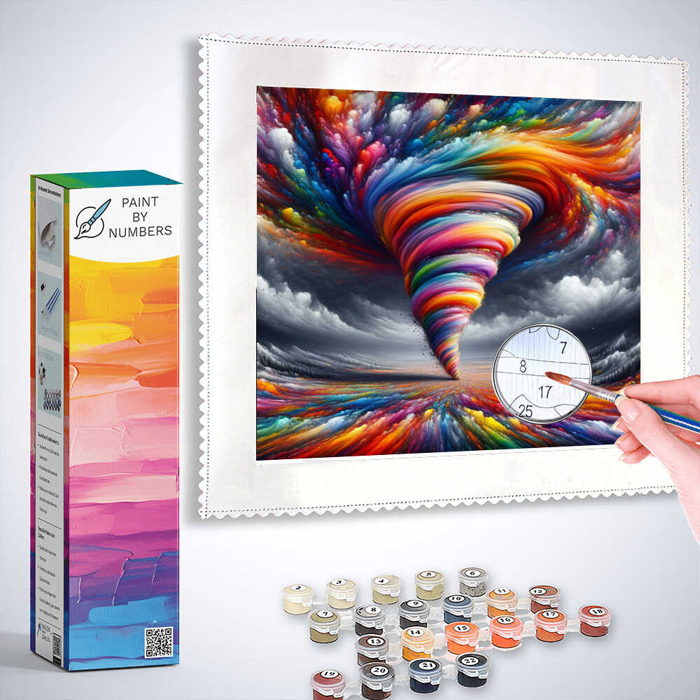 Paint by Numbers kit featuring a colorful whirlwind with vibrant reds, blues, yellows, and purples swirling around a central light-filled core.