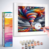 Paint by Numbers kit featuring a colorful whirlwind with vibrant reds, blues, yellows, and purples swirling around a central light-filled core.