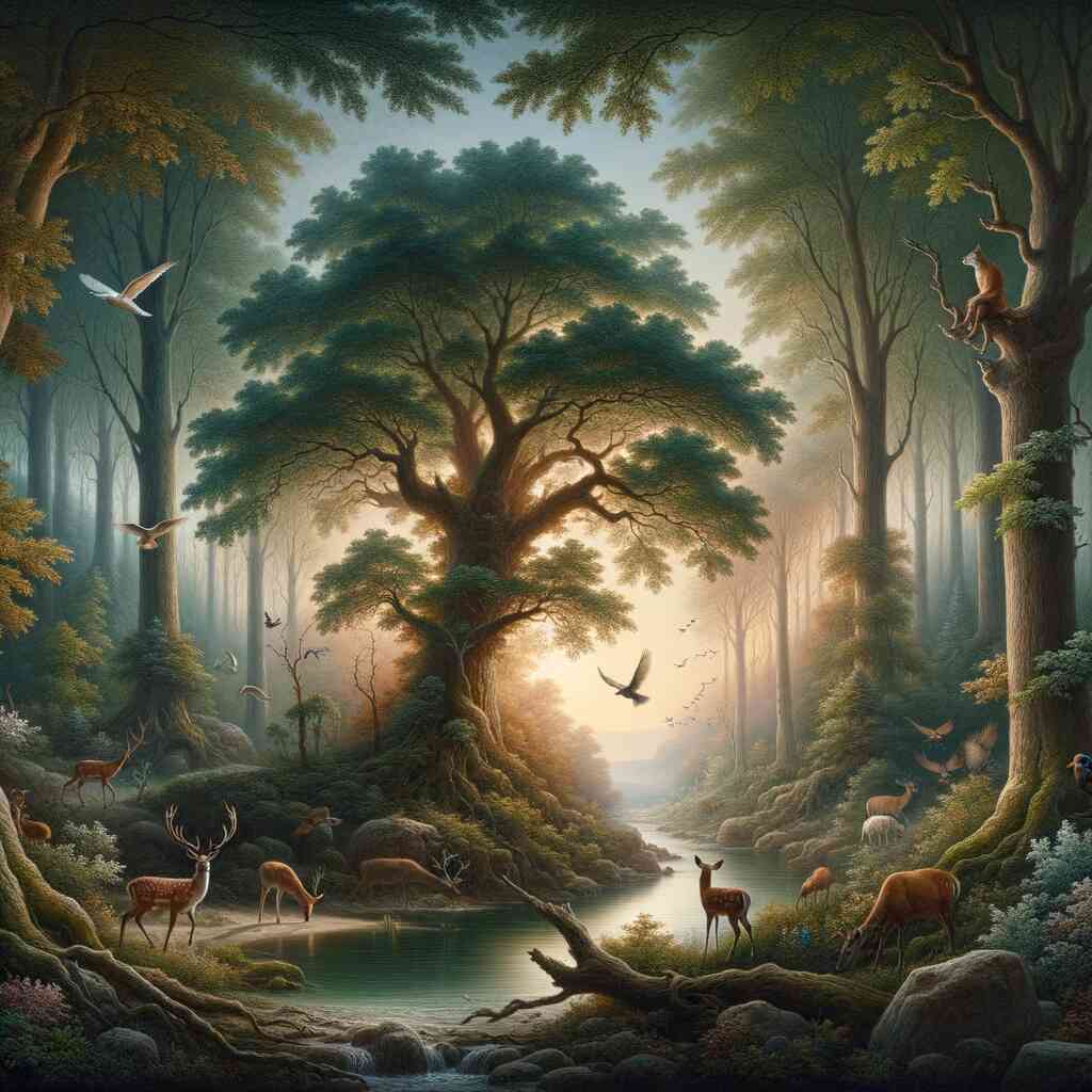 Paint by Numbers - Morning Light in the Enchanted Forest with deer, birds, and a fox by a crystal clear lake amid shimmering green tones and golden sunlight.