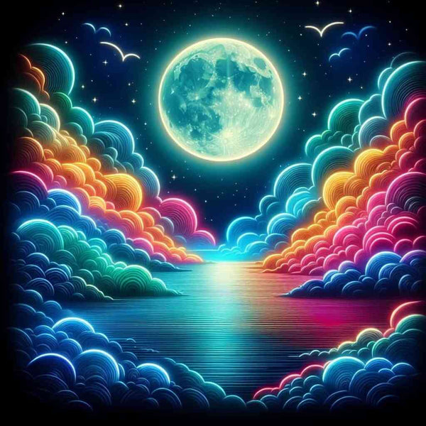 Paint by Numbers - Moon Magic Over the Sea of Neon; vibrant neon clouds and a full moon reflect over a serene sea.