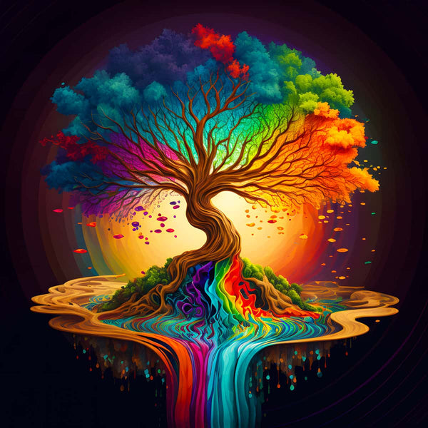Vibrant color flow tree diamond painting kit with flowing rainbow colors and intricate design. Paint by Numbers art that sparkles.