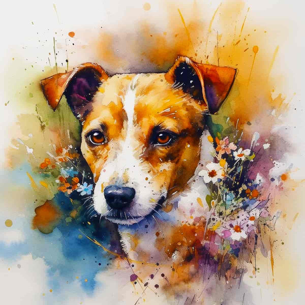 Diamond Painting - Faithful Friend featuring a colorful artistic dog portrait with vibrant splashes of paint and flowers in the background.
