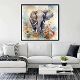 Majestic elephant diamond painting hanging above a modern white sofa in a stylish living room.
