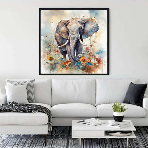 Majestic elephant diamond painting hanging above a modern white sofa in a stylish living room.