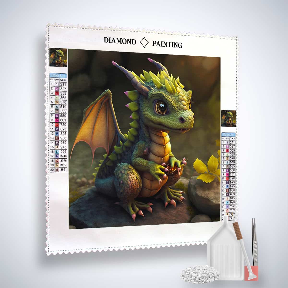 Diamond Painting Kit featuring a cute dragon, including acrylic diamonds, tweezers, and application pen for Paint by Numbers enthusiasts