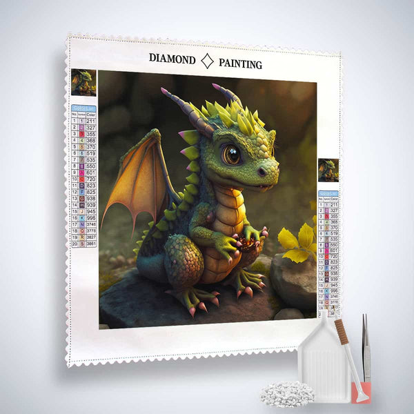 Diamond Painting Kit featuring a cute dragon, including acrylic diamonds, tweezers, and application pen for Paint by Numbers enthusiasts