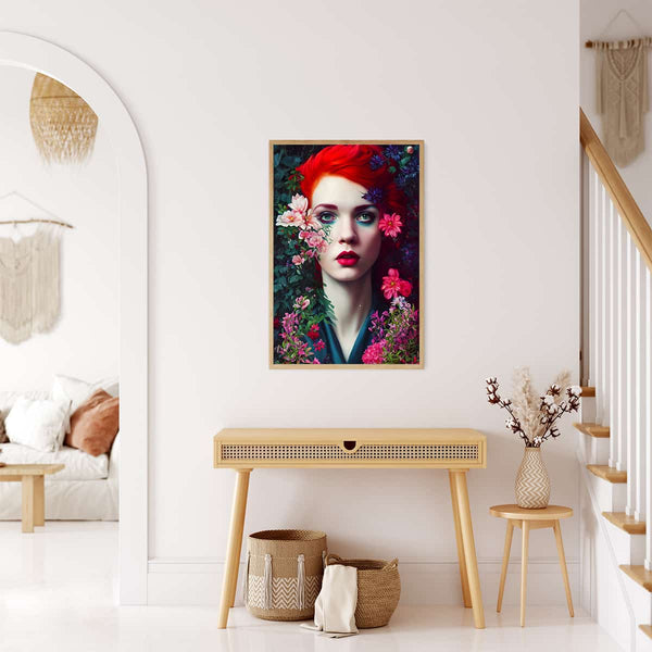 Diamond painting of a woman with red hair and flowers on canvas in a stylish indoor setting, paint by numbers kit.