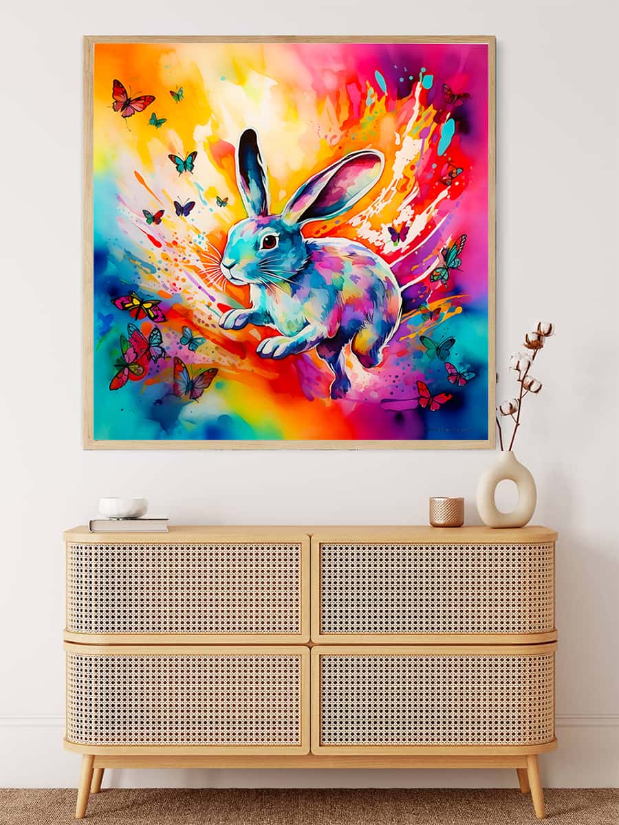 Diamond painting of a colorful bunny with flowers and butterflies, perfect for paint by numbers enthusiasts.