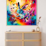 Diamond painting of a colorful bunny with flowers and butterflies, perfect for paint by numbers enthusiasts.