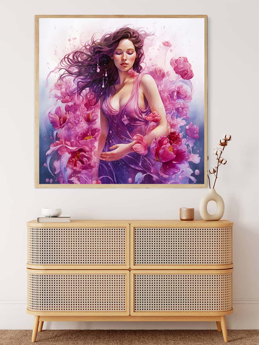 Diamond Painting - Rose Woman displayed above a stylish rattan cabinet, emphasizing vibrant purple and pink hues in the artwork.