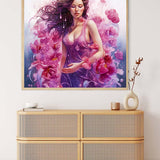 Diamond Painting - Rose Woman displayed above a stylish rattan cabinet, emphasizing vibrant purple and pink hues in the artwork.