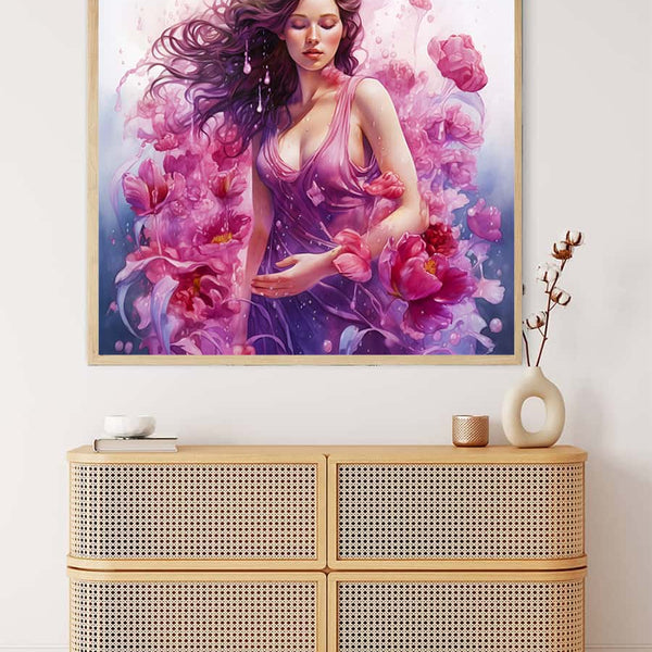 Diamond Painting - Rose Woman displayed above a stylish rattan cabinet, emphasizing vibrant purple and pink hues in the artwork.
