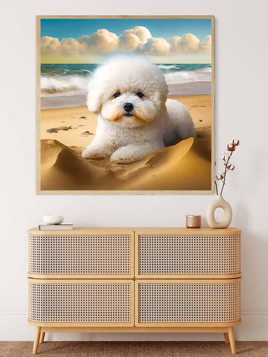 Diamond painting of a cute dog on the beach displayed above a modern wicker cabinet with decor items.