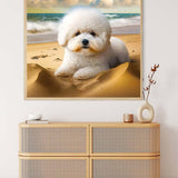 Diamond painting of a cute dog on the beach displayed above a modern wicker cabinet with decor items.