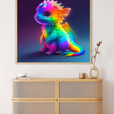 Colorful dragon ultraneon diamond painting on canvas showcased above a wicker cabinet with minimal decorations.