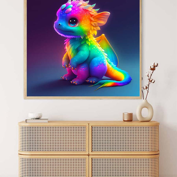 Colorful dragon ultraneon diamond painting on canvas showcased above a wicker cabinet with minimal decorations.