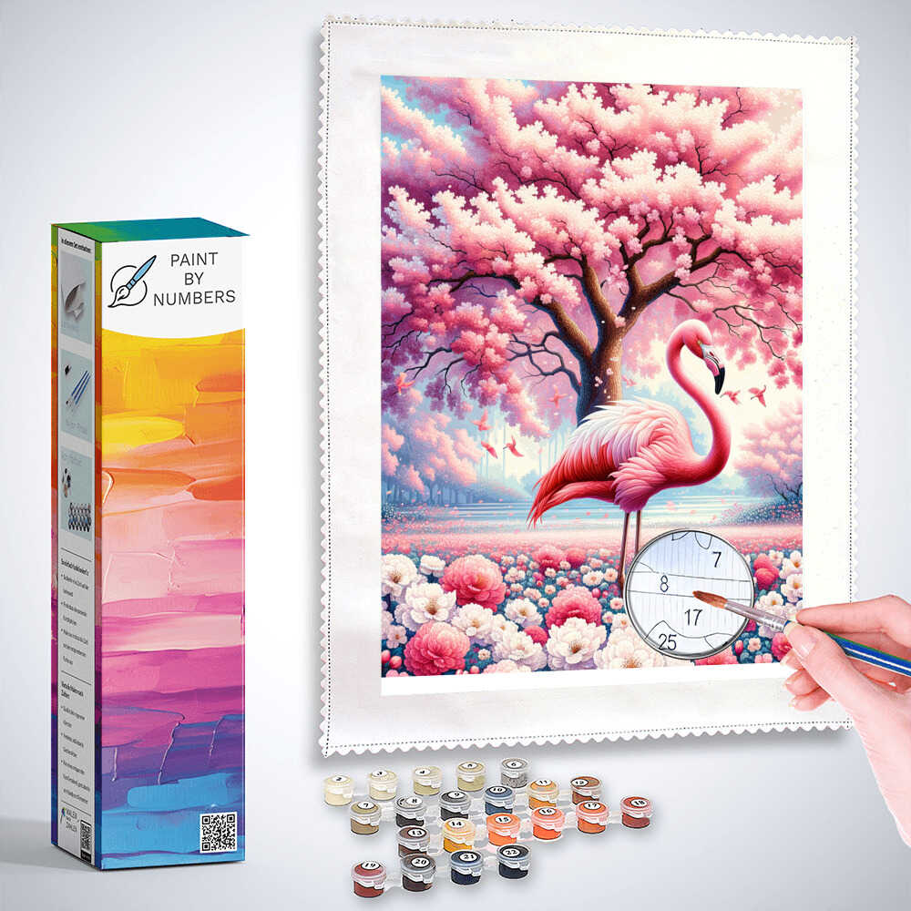 Flamingo with cherry tree - Paint by Numbers