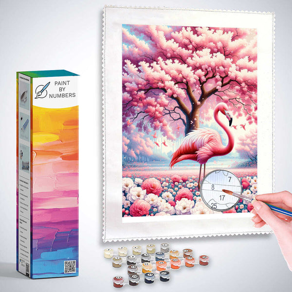 Flamingo with cherry tree - Paint by Numbers