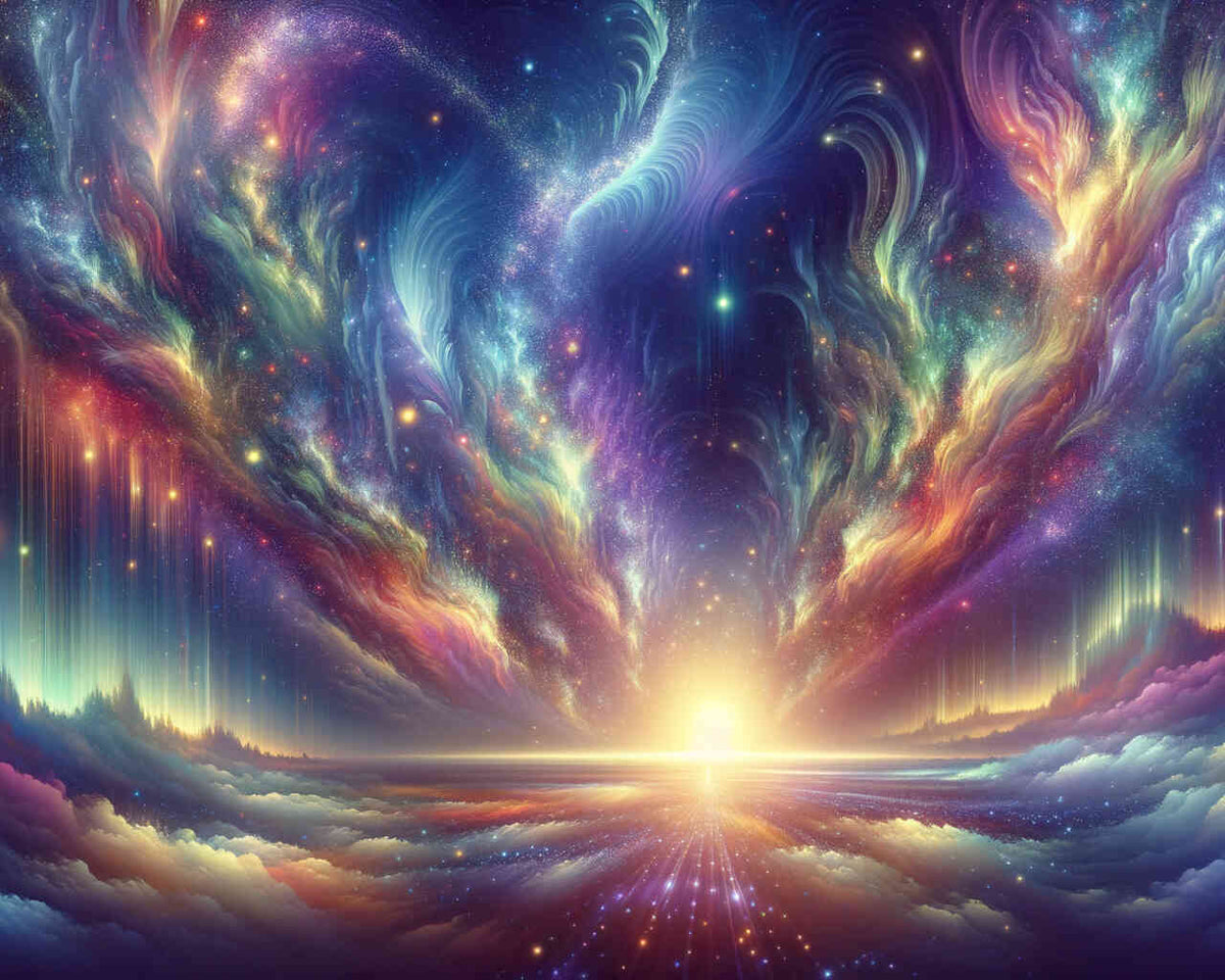 Cosmic Awakening paint by numbers with vibrant reds, blues, and golds, depicting an abstract galaxy merging with bright stars and sparkling lights.
